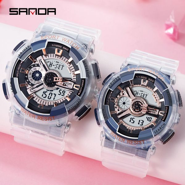 

sanda transparent couple watch led digital sport wristwatch for men women multi-function waterproof lover watches student clock, Slivery;brown