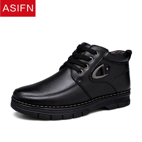 

asifn men boots winter men's boots leather snow fur male warm cotton shoes man middle-aged father plush bota masculina, Black