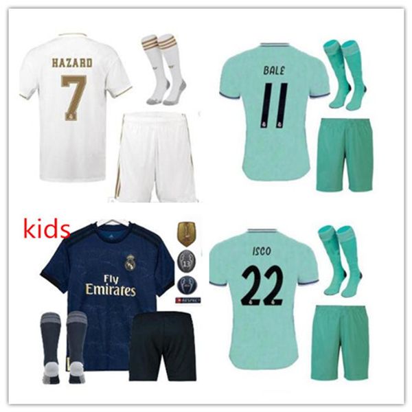 

New qualit 19 real madrid kid occer jer ey kit boy child 2019 2020 home a en io ramo football hirt i co hazard benzema ea jovic