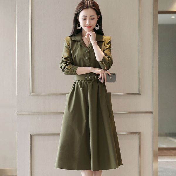 

2019 autumn clothing new style solid color versatile dress women's mid-length elegant fold-down collar long sleeve waist hugging, White;black