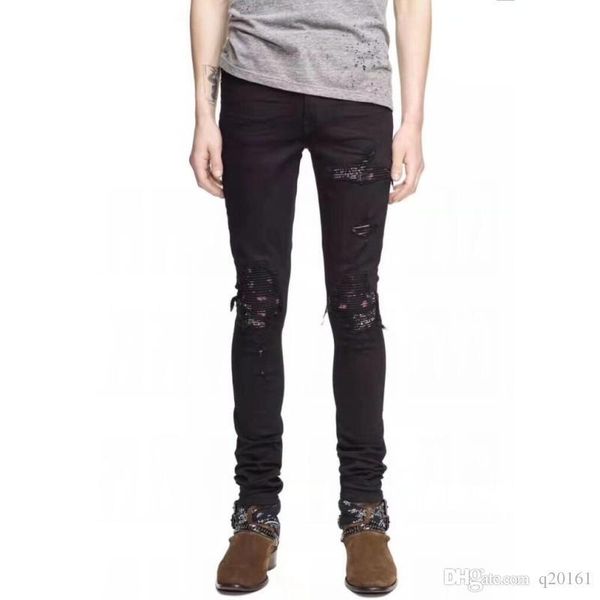 

mens jeans distressed motorcycle biker jeans rock skinny slim black ripped hole stripe famous brand denim pants designer jeans