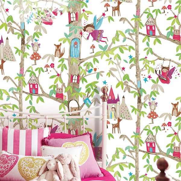 

cartoon tree animal tree house environmental protection non-woven children's room wallpaper pink striped princess room wall