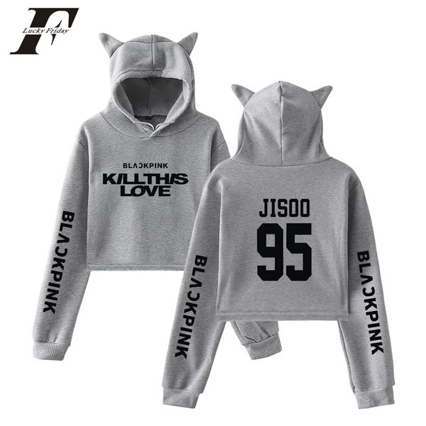 

kpop blackpink print kill this love crop hoodies kawaii cat ear women cropped hoodies short sweatshirt, Black