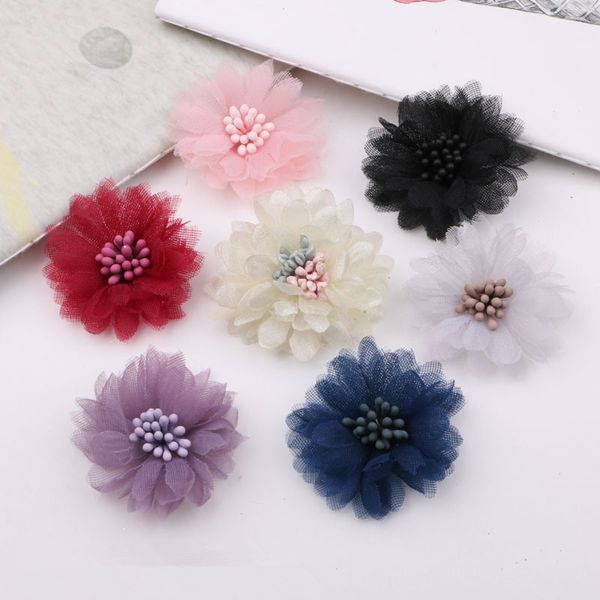 

handmade chiffon fabric flowers 36mm girl hair jewelry bow center ornament accessories clip headband headwear button stickers, Golden;white