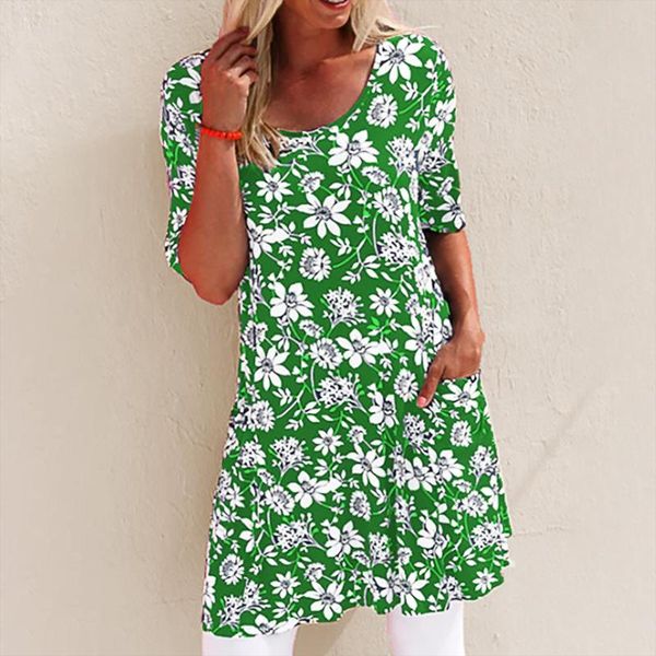 

women 2020 new summer flower print dress fashion o-neck flower printing pocket short sleeve easy mini dress vestidos woman, Black;gray