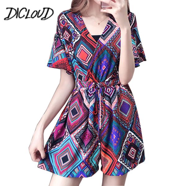 

dicloud large size pants women 2018boho print loose rompers female v-neck high waist wide leg playsuit summer macacao feminino, Black;white