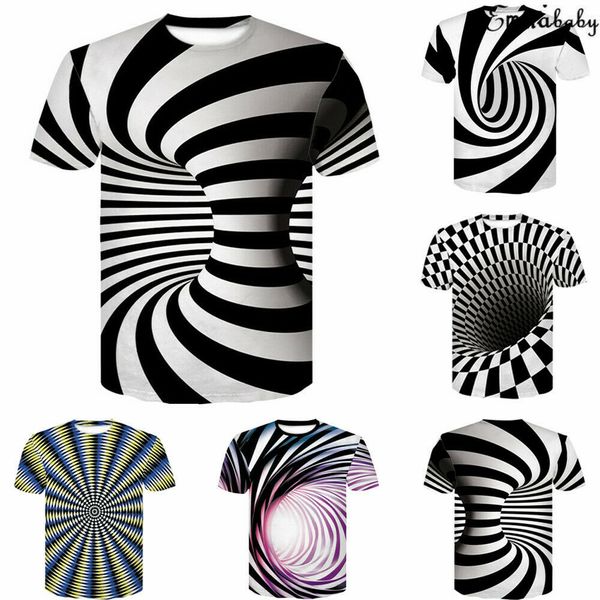 

illusion optical print t-shirt men 3d short tee sleeve hypnosis swirl unjun, Black