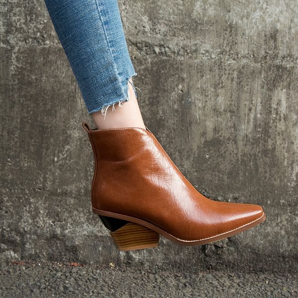 

ankle boots for women 2019 autumn winter western cowboy boots women slip on wedge high heel brown black suede shoes botas