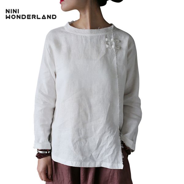 

nini wonderland new arrival 2018 spring white linen casual shirt long sleeved vintage blouse women torn edges large size
