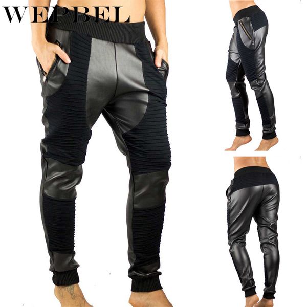

wepbel men pants tight elastic waist pu leather pants men trousers slim feet pencil, Black