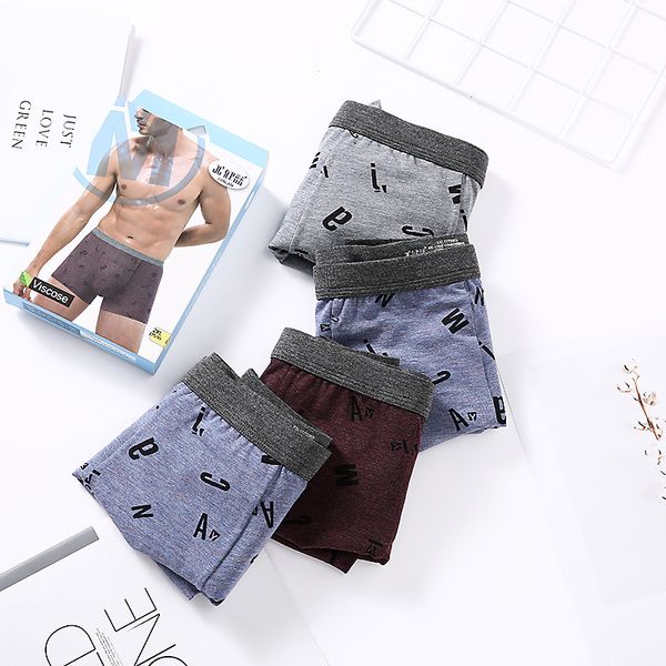 

2pcs 2019 new style boxed underwear men's boxers regeneration fiber medium waist lettered printed men's underwear, Black;white