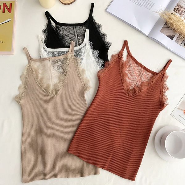 

2019 summer women versatile lace sweet knit summer off shoulder slim solid color strap v collar camisole, White