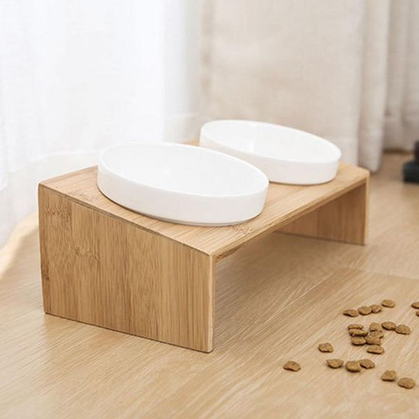 

домашние животные double bowl собак корм ​​для кошек воды фидер стенд воспитанный керамические dish чаша деревянный стол для питомцев