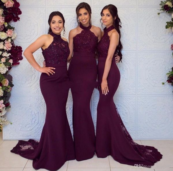 

burgundy bridesmaid dresses lace appliques illusion halter chiffon mermaid zipper back floor length formal wedding party prom dress evening, White;pink