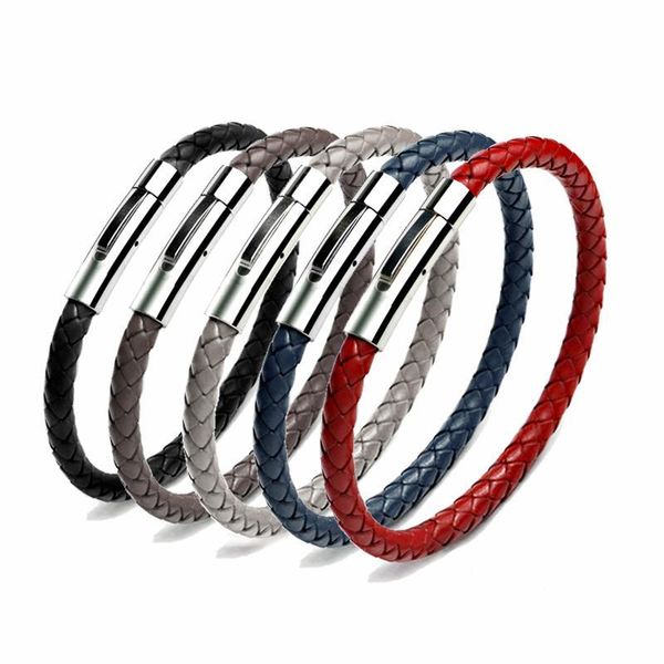 

новая мода кожаный браслет для мужчин женщин из нержавеющей стали ювелирные изделия магнитная пряжка ручной плетеный черный кожаный браслет, Golden;silver