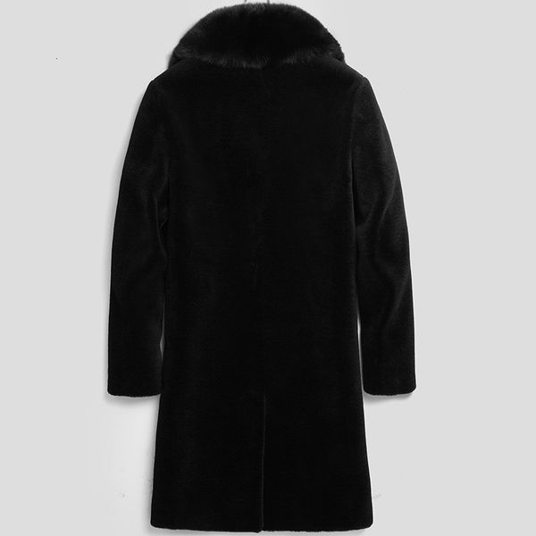 

winter mens sheep shearling overcoat business luxury furry fur collar real fur mid long coat banquet party coats, Black