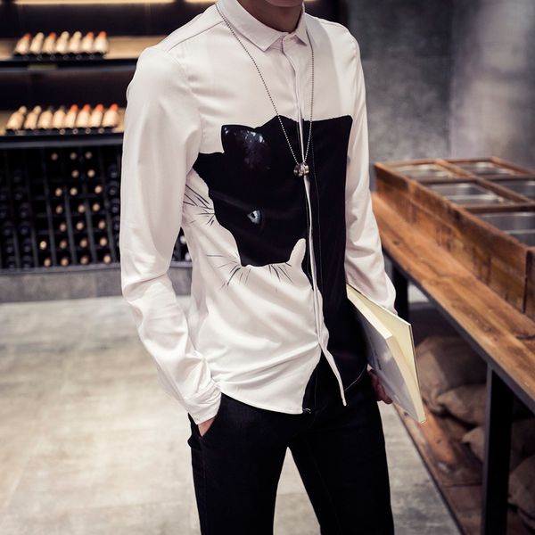 

2019 new fashion 3d print animal shirts men black/white digital print cat shirts long sleeve slim fit men's casual 5xl, White;black