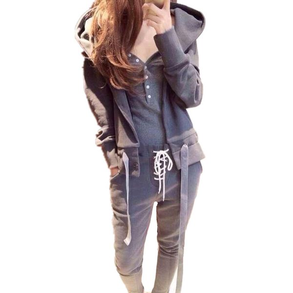 

2018 autumn and winter new foreign trade leisure women's sportswear with a hooded hoodie three sets, Gray