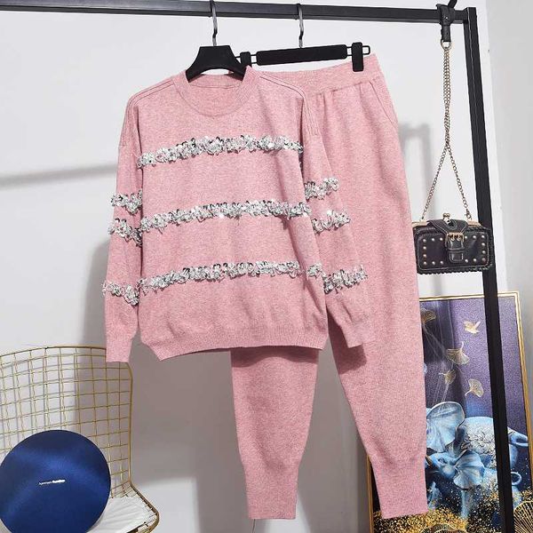 

2020 spring new women set fashion thin sequins knitted sweater women clothes + casual little feet pants 2 piece set d3628, White