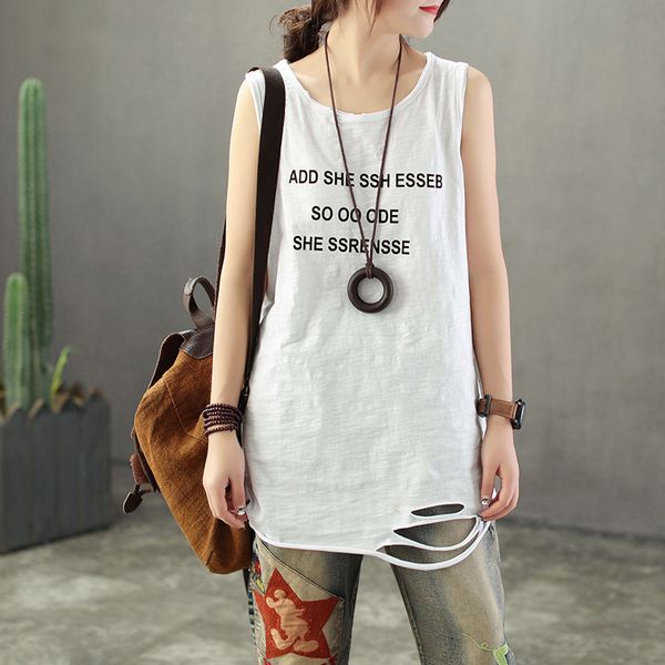 

women vest spring autumn retro loose pullovers 2020 new ladies o-neck sleeveless hole letter casual mori girl vest t-shirt, White