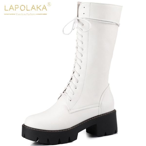 

lapolaka новые поступления площади heeled большой размер 43 женские туфли женщина мода plaftorm шнурки середина теленок сапоги женский, Black