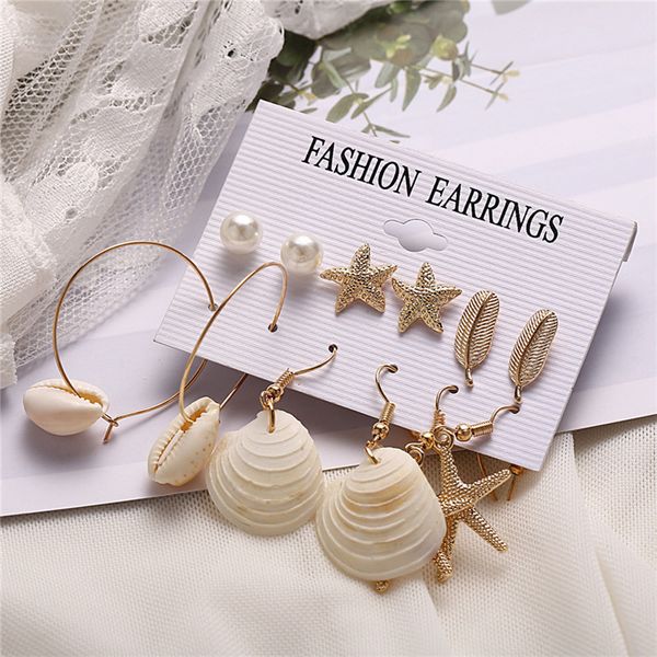 

5 пара / set творческий starfish серьги цвета золота длинные shell геометрическая падение серьги для женщин мотаться серьги, Silver