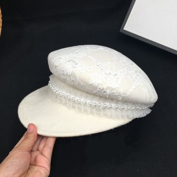 

2019 and wool beret white cap lace pearl  hat female han edition joker, Blue;gray