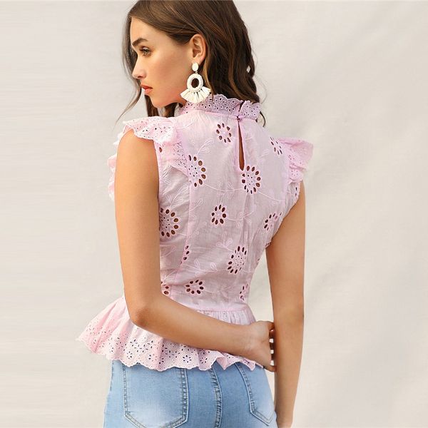 

lace blouses ladies designer ruffle trim lace eyelet embroidered peplum blouse women stand collar slim fitted boho blouses, White