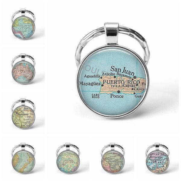 

metal key chains handmade vintage puerto rico world map earth geography key chain glass dome keychains for men women, Slivery;golden