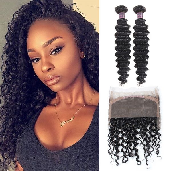 

8a brazilian deep wave 360 lace frontal with 2bundles brazilian peruvian human hair bundles with closure deep curly virgin hair, Black