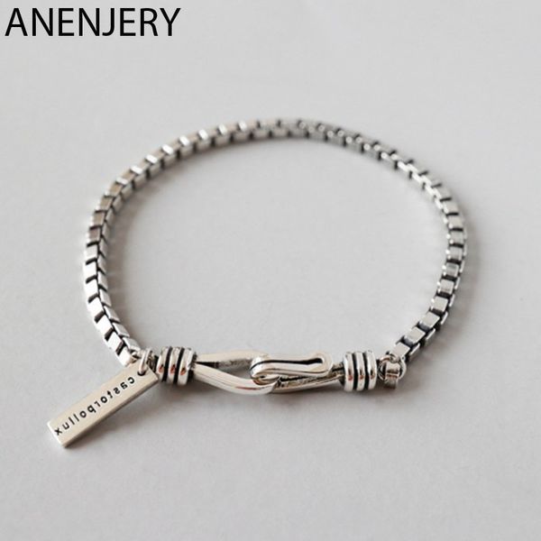 

anenjery fashion retro double hook box chain bracelet 925 sterling silver punk style letter couple bracelet for women men s-b319, Black