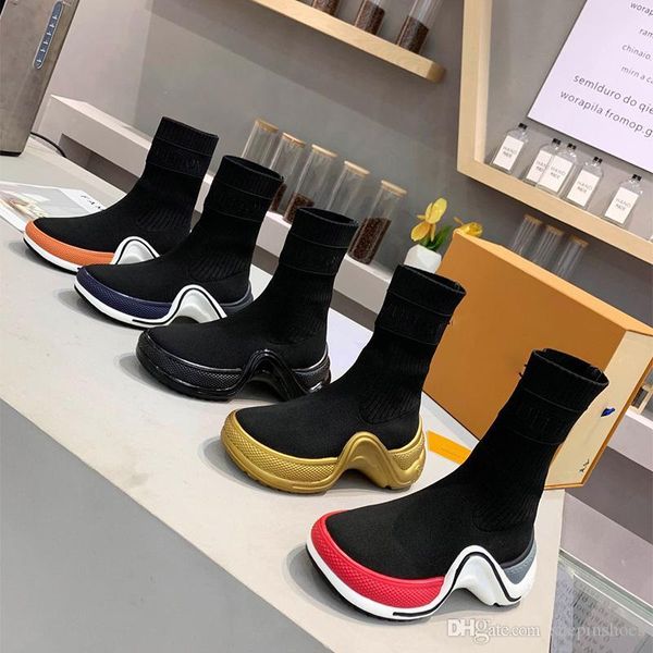 

luxury women gold wave-shaped oversized sole sneakers casual socks shoes flat fashion leather lace high designer shoes casual coach boots, Black