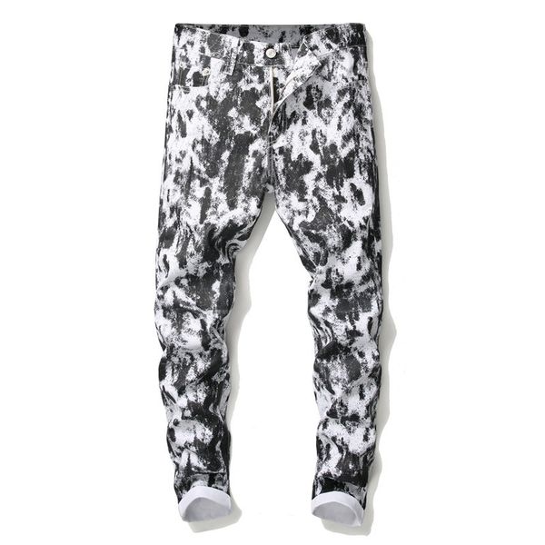 

autumn spring club men jeans pencil pants denim stretch slim casual white spots print full length male cowboy pants tide, Blue