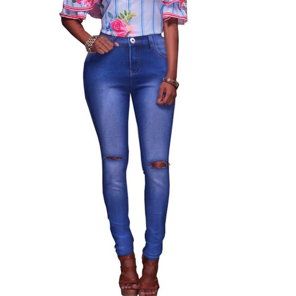 

hole pockets high waist women jeans ripped bleached denim pants skinny fashion trousers femme, Blue