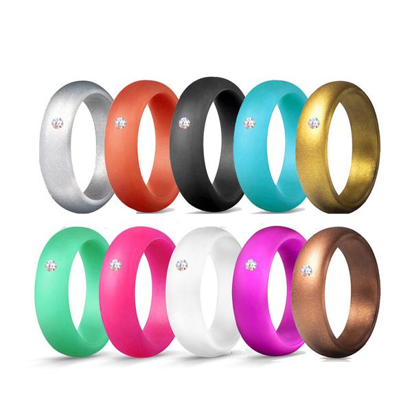 

10pcs/set 5.7mm grade silicone ring hypoallergenic crossfit flexible silicone finger rings with rhinestone for women, Golden;silver