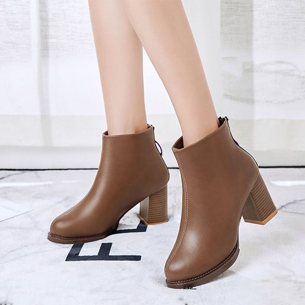 

2019 women autumn ankle boots woman zipper pu lace up women's winter plush high heels female casual shoes fashion ladies botas, Black