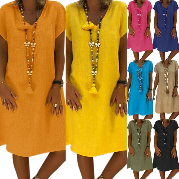 

Womens Boho V Neck Casual Linen Tunic Dress Summer Loose Beach T Shirt Sundress