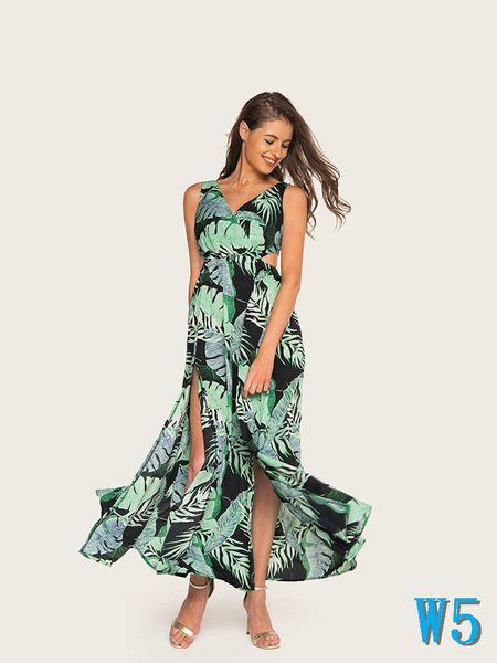 

women fashion ankle-length dresses 2019 summer new arrival flora printed backless dress split strap sleeveless holidy skirtw5, Black;gray