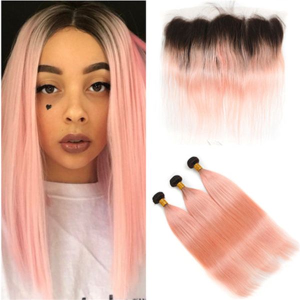 Black To Rose Pink Gold Straight Weave Bundles With Frontal 1b