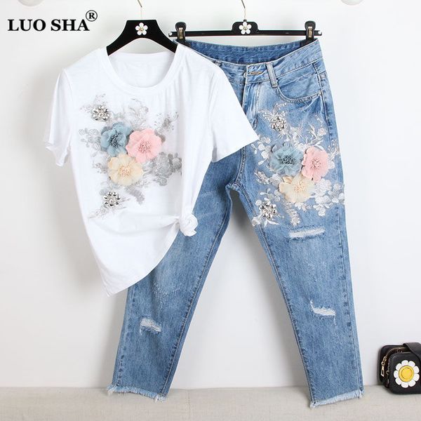 

luosha women 2020 2pcs summer stylish embroidery 3d flower short sleeved tshirt+heavy work jean rippered hole denim pants suit, White