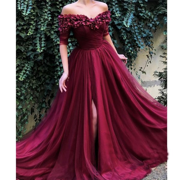 

muslim evening dresses 2019 off the shoulder a-line half sleeve tulle slit islamic dubai saudi arabic long evening gown prom, White;black