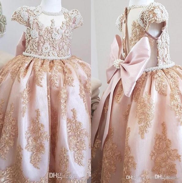 

vintage luxury lace a line flower girls' dresses short sleeves beaded pearls bow sash girls' party pageant birthday party princess, White;blue