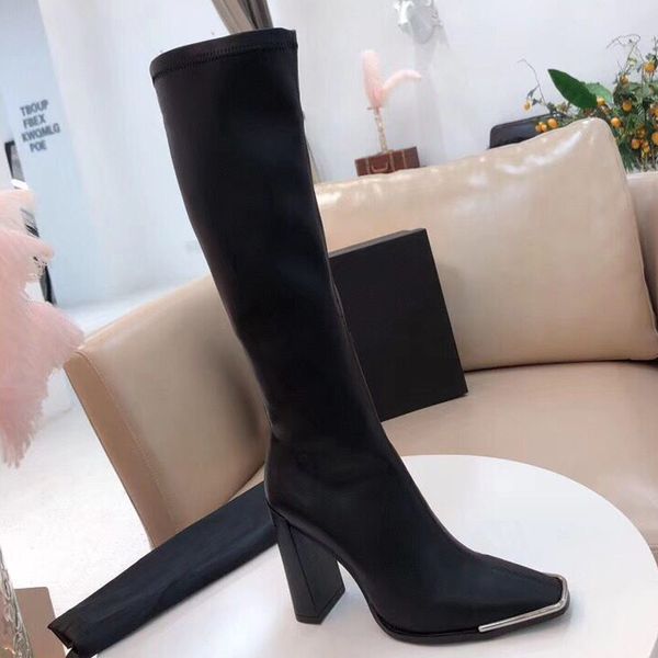 

fashion boots 2019 new high heels leather suede elastic boots heavy heel metal woman shoes zipper luxury high boots large size 35-41, Black