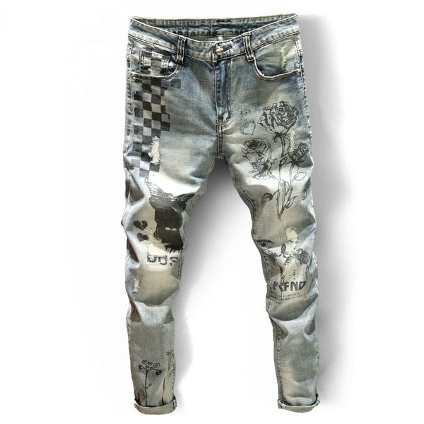 

2020 new graffiti jeans men's fashion ripped hole slim fit stretch denim pants korean style personalized jean, Blue