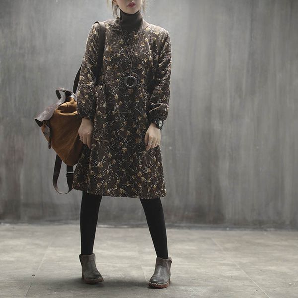 

winter dress retro women loose padded warm thicker dress new turtleneck print pocket blended casual female 2018, Black;gray