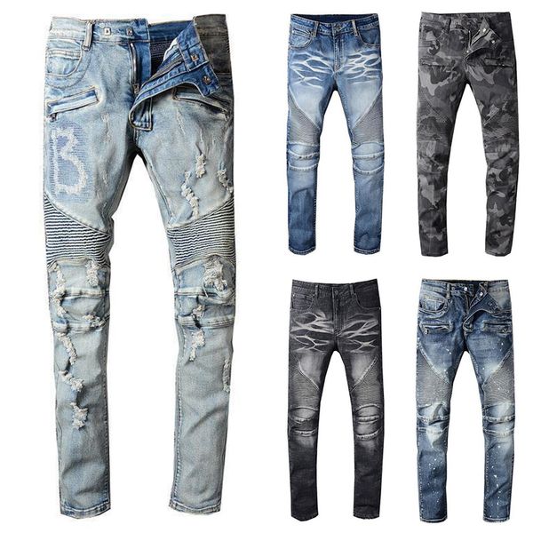 

2020 newbalmainmens пѬоблемне ripped байкеѬ мђжкие джин slim fit motorcycle biker denim дл мђжин s мод, Blue