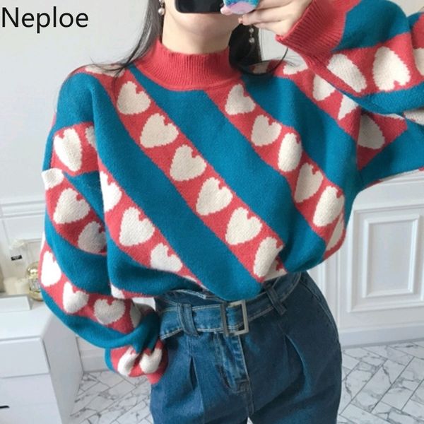 

neploe love heart contrast color pullover sweater half turtleneck knit jumpers autumn winter korean oversized pull femme 54765, White;black