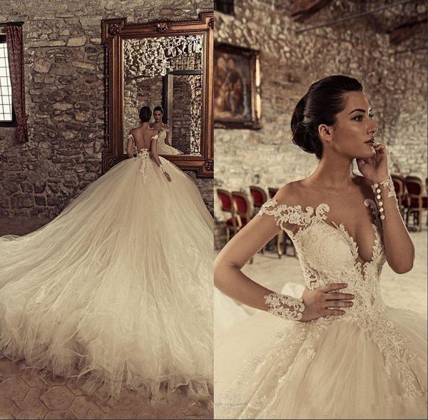 

2020 шеи бальное платье гламурная принцесса аппликация кружева свадебное платье sexy глубокий v тюль свадебные платья иллюзия длинные рукава, White