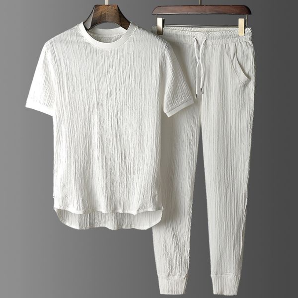 

cotton and linen suit men's summer new thin section of wrinkled striped fabric slim men's sports short-sleeved casual suit, Gray