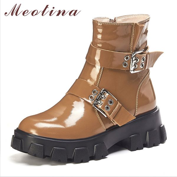 

meotina autumn motorcycle boots women natural genuine leather zip thick high heel ankle boots buckle round toe shoes lady winter, Black
